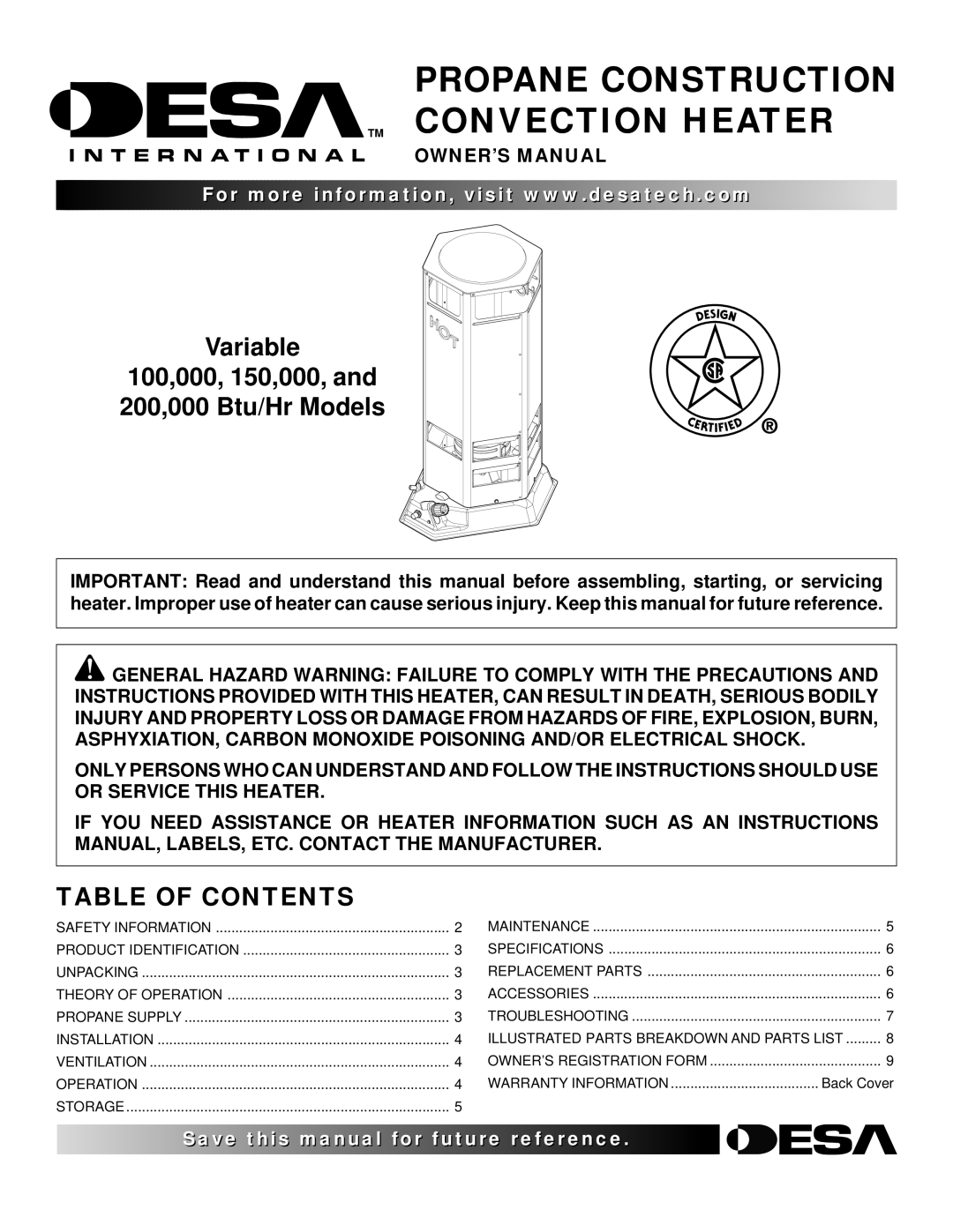 Desa 200 owner manual Propane Construction TM Convection Heater, Table of Contents 