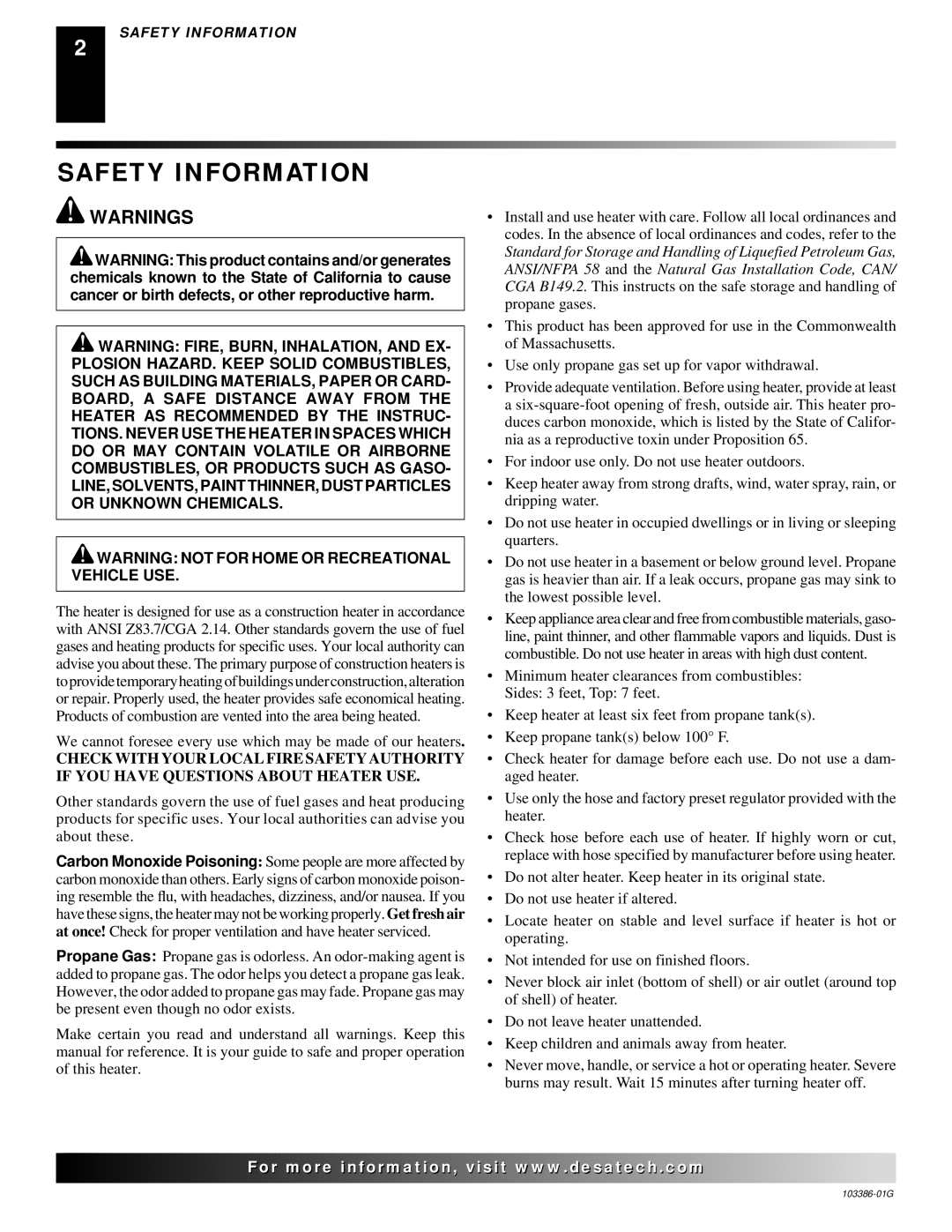 Desa 200 owner manual Safety Information 