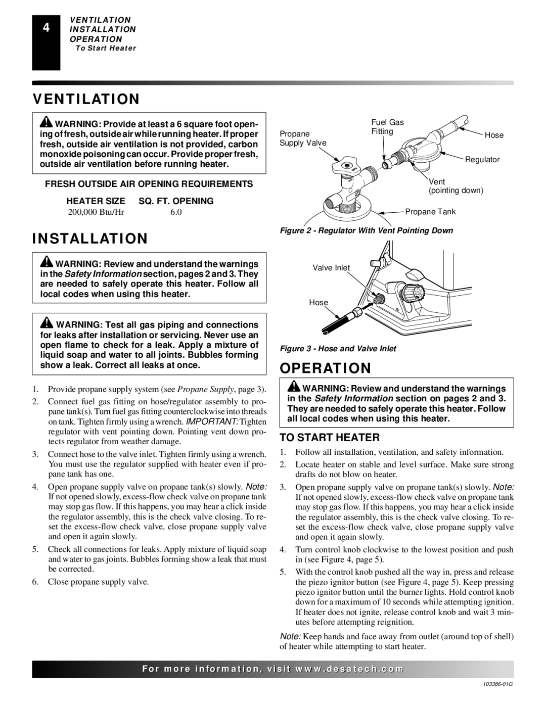 Desa 200 owner manual Ventilation, Installation, Operation, To Start Heater 