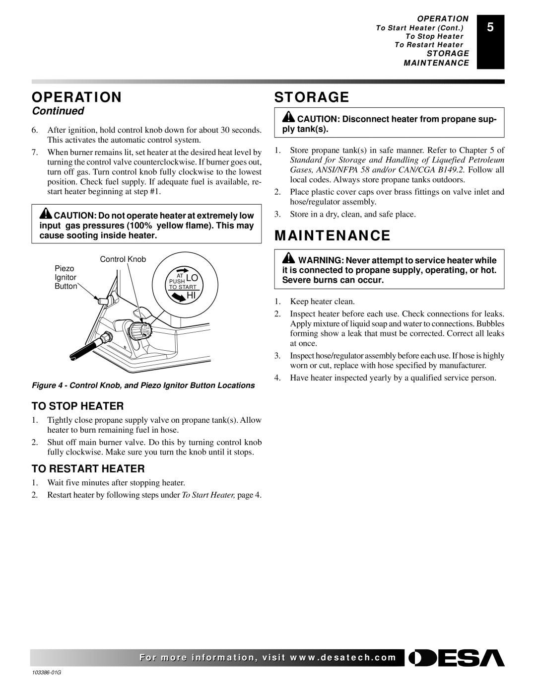 Desa 200 owner manual Storage, Maintenance, To Stop Heater, To Restart Heater 