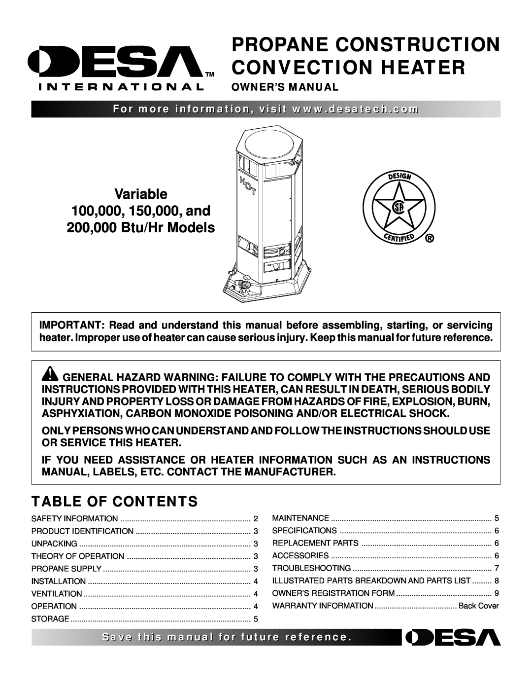 Desa owner manual Variable, 100,000, 150,000, and 200,000 Btu/Hr Models, Table Of Contents 