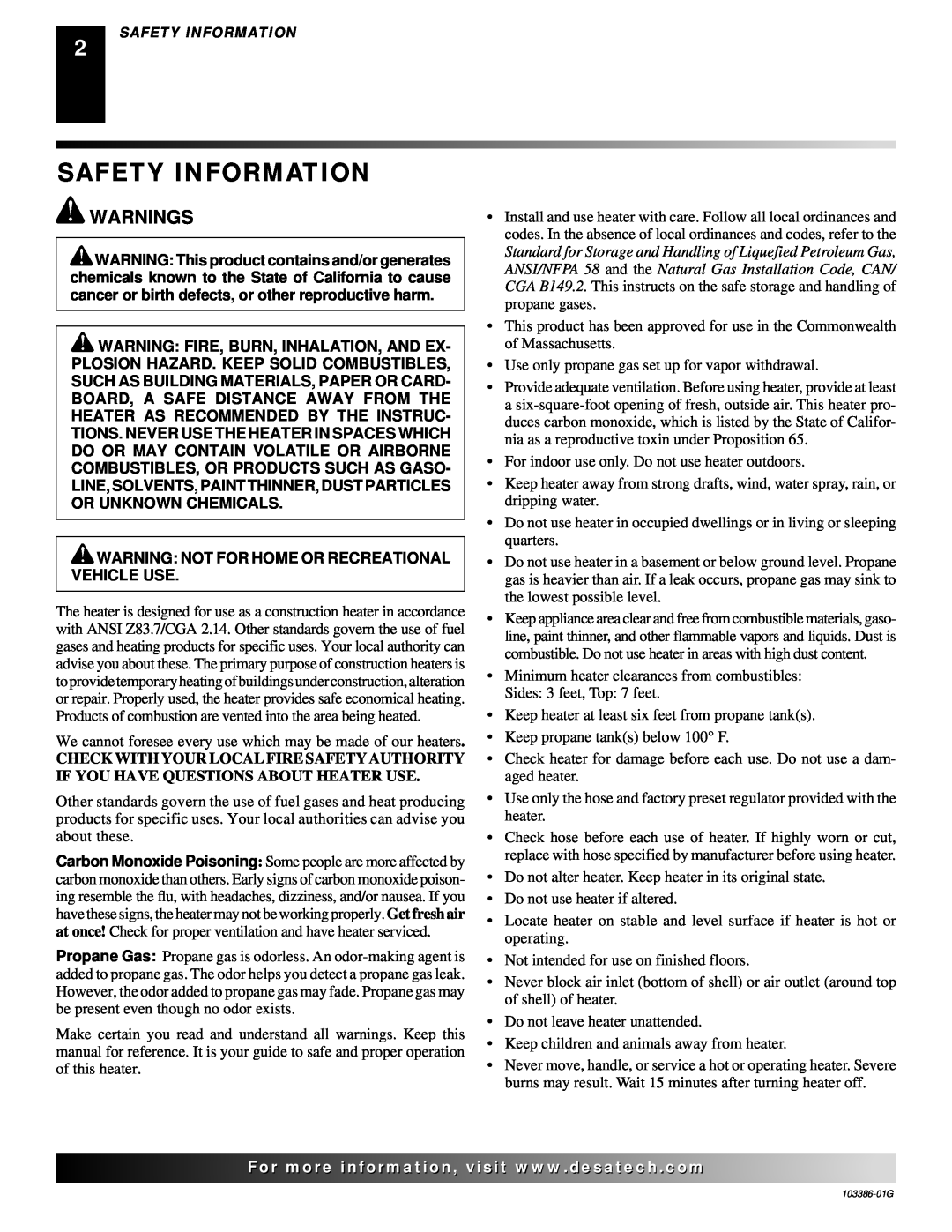Desa 200 owner manual Safety Information, Warnings, Warning Not For Home Or Recreational Vehicle Use 