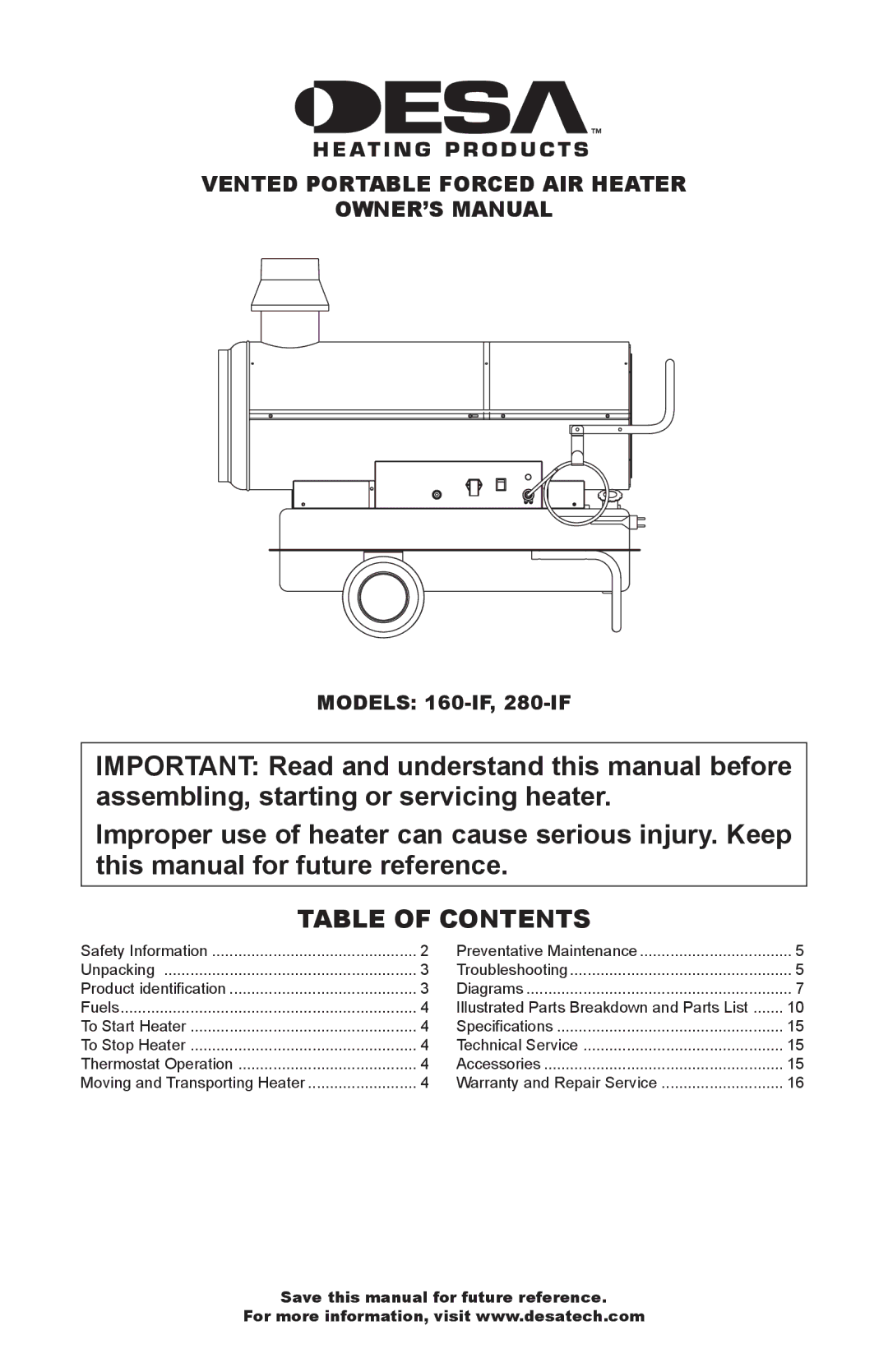 Desa 160-IF, 280-IF owner manual Table of Contents 