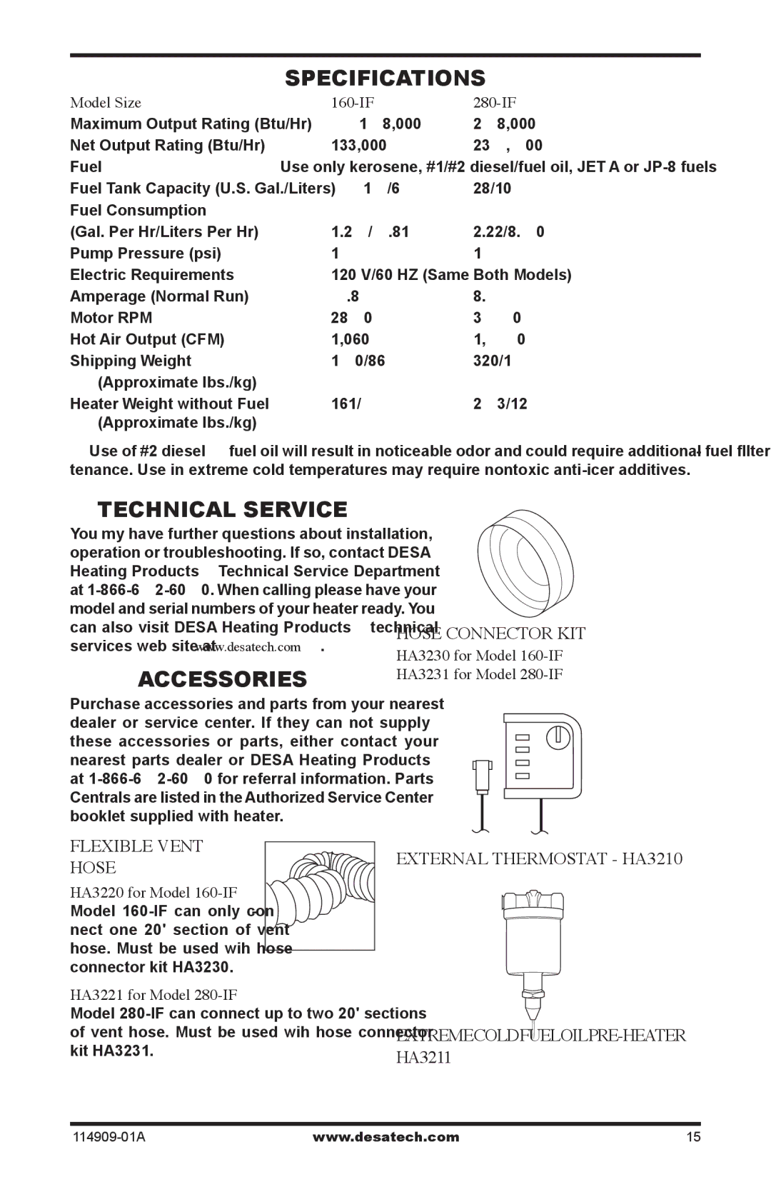 Desa 160-IF, 280-IF owner manual Specifications, Technical Service Accessories, Hose Connector KIT, Flexible Vent Hose 