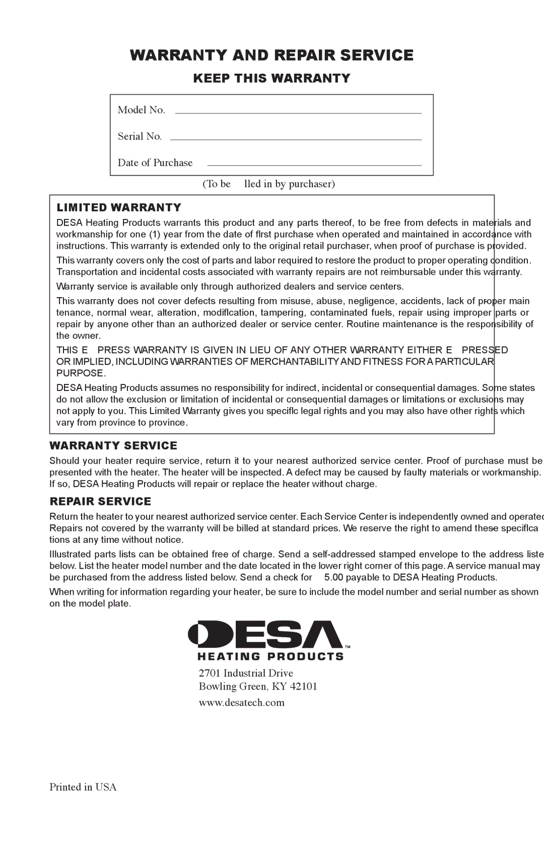 Desa 280-IF, 160-IF owner manual Warranty and Repair Service, Keep this Warranty 