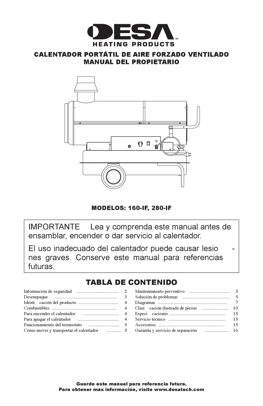 Desa 160-IF, 280-IF owner manual Tabla DE Contenido 