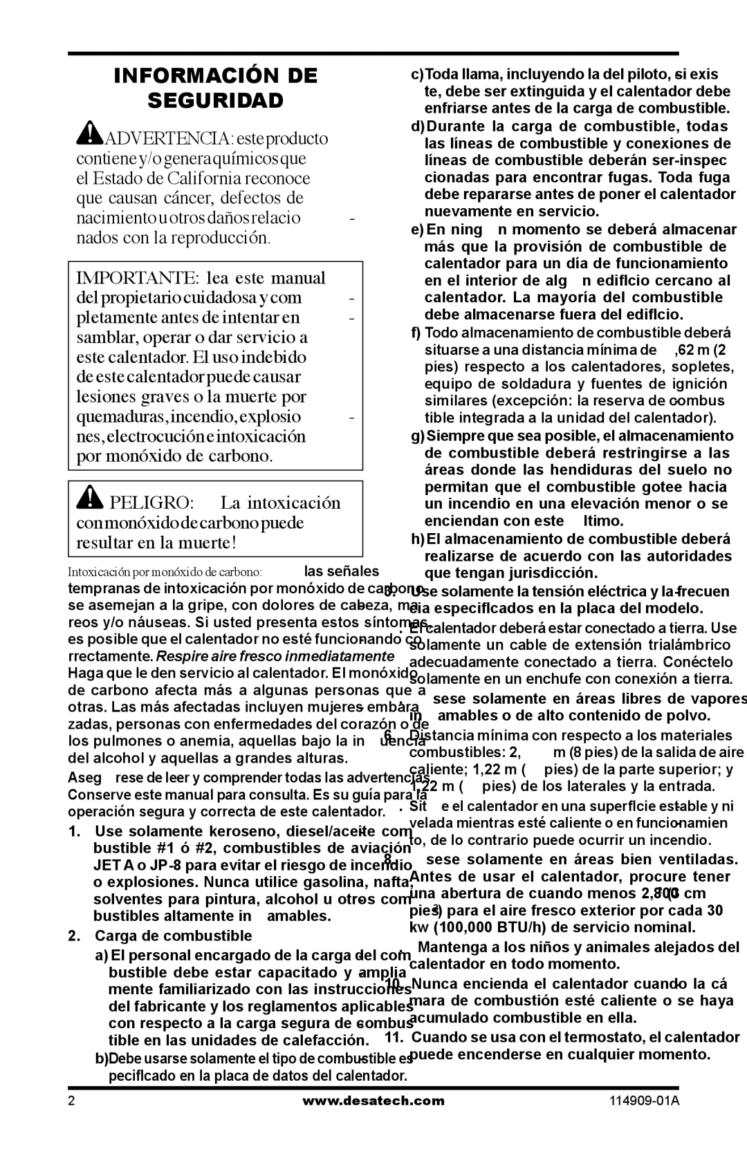 Desa 280-IF, 160-IF owner manual Información DE Seguridad, Carga de combustible 