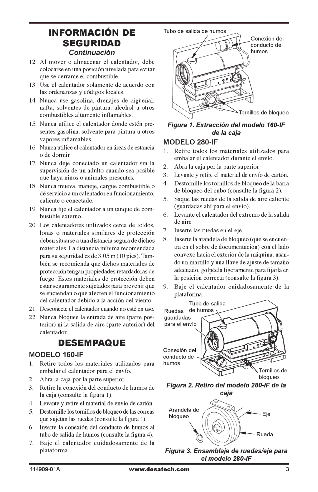 Desa owner manual Desempaque, Modelo 160-IF, Modelo 280-IF, Baje el calentador cuidadosamente de la plataforma 