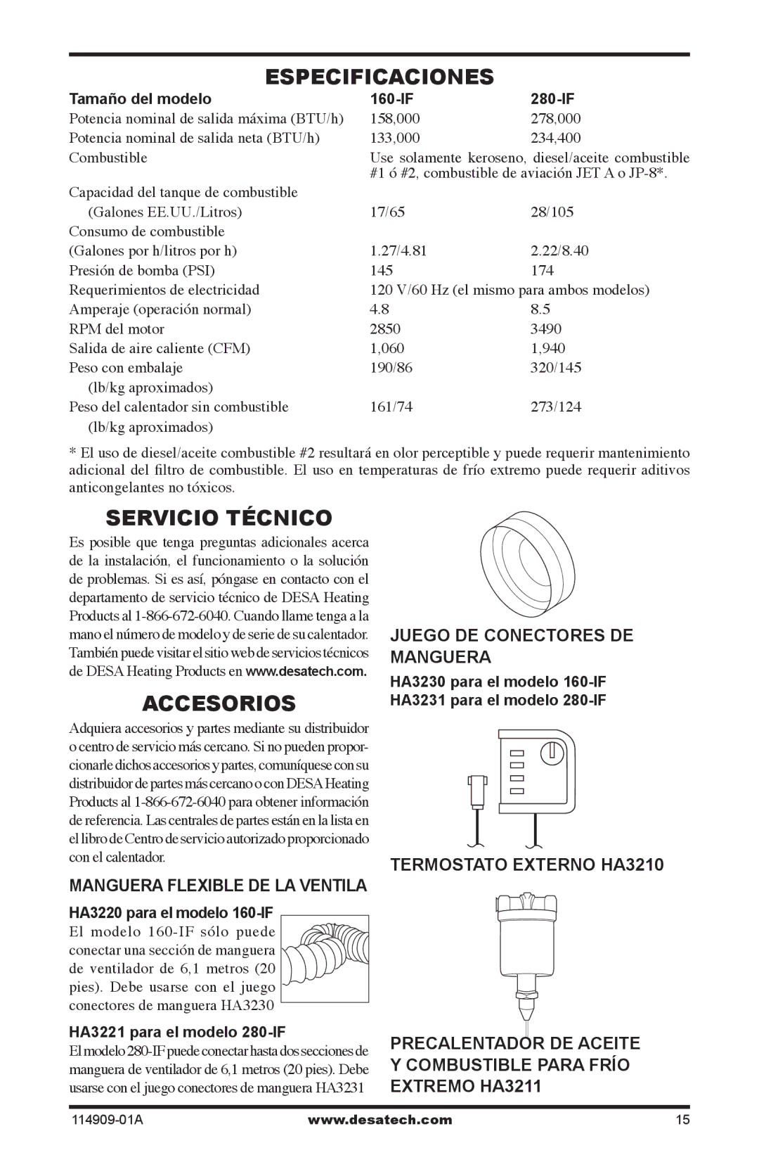 Desa 160-IF Especificaciones, Servicio Técnico Accesorios, Termostato Externo HA3210, Capacidad del tanque de combustible 