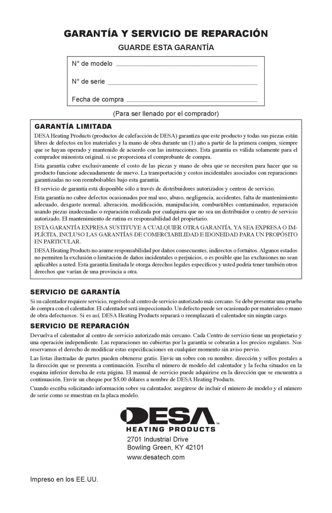 Desa 280-IF, 160-IF owner manual Garantía Y Servicio DE Reparación, Guarde Esta Garantía 