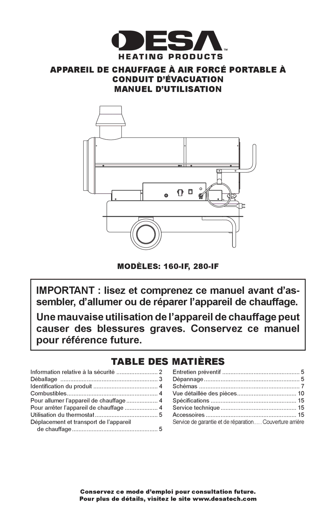 Desa 160-IF, 280-IF owner manual Table DES Matières, Déplacement et transport de l’appareil 