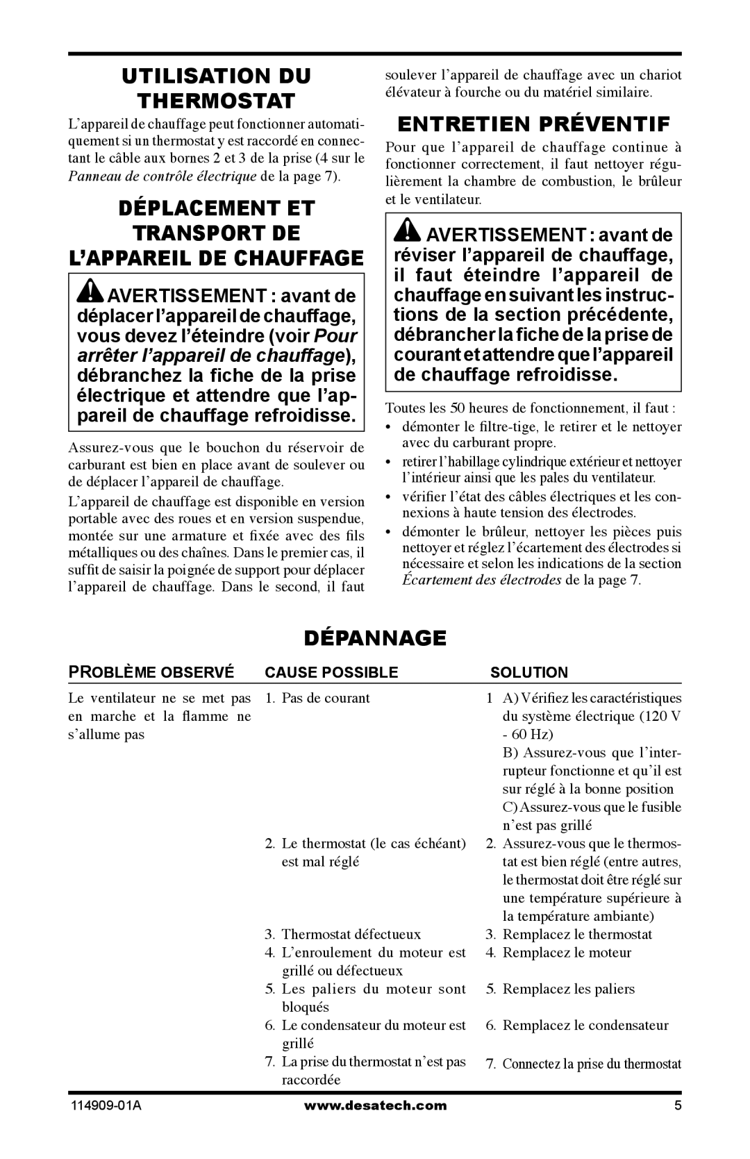 Desa 160-IF, 280-IF owner manual Utilisation DU Thermostat, Déplacement ET Transport DE, Entretien Préventif, Dépannage 