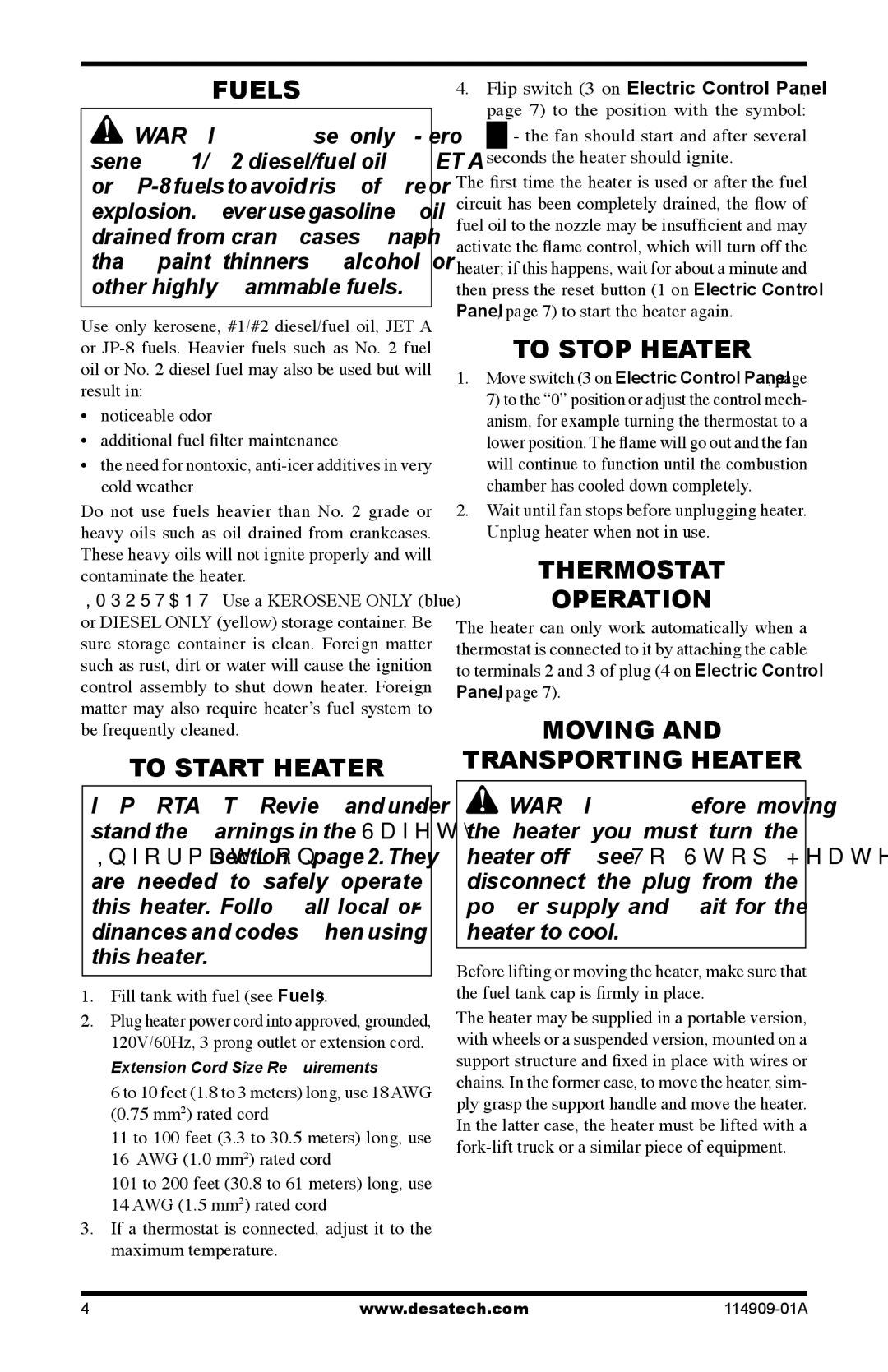 Desa 280-IF, 160-IF owner manual Fuels, To Start Heater, To Stop Heater, Thermostat Operation, Moving Transporting Heater 