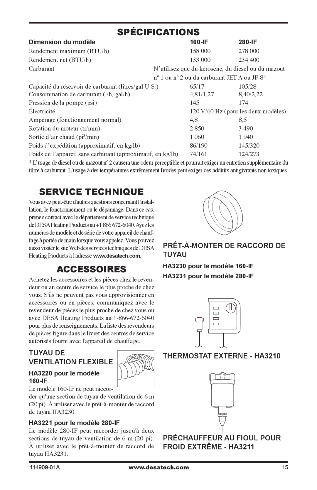 Desa 160-IF, 280-IF owner manual Spécifications, Service Technique Accessoires, PRÊT-À-MONTER DE Raccord DE Tuyau 