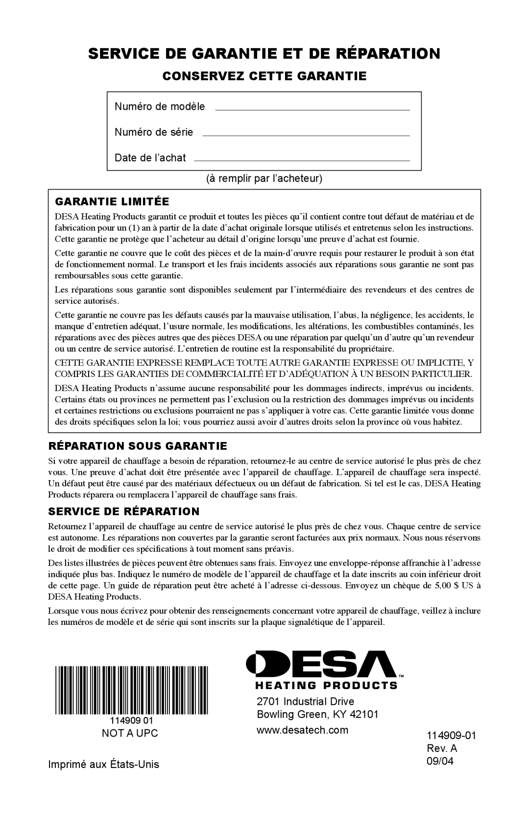 Desa 280-IF, 160-IF owner manual Service DE Garantie ET DE Réparation, Conservez Cette Garantie 