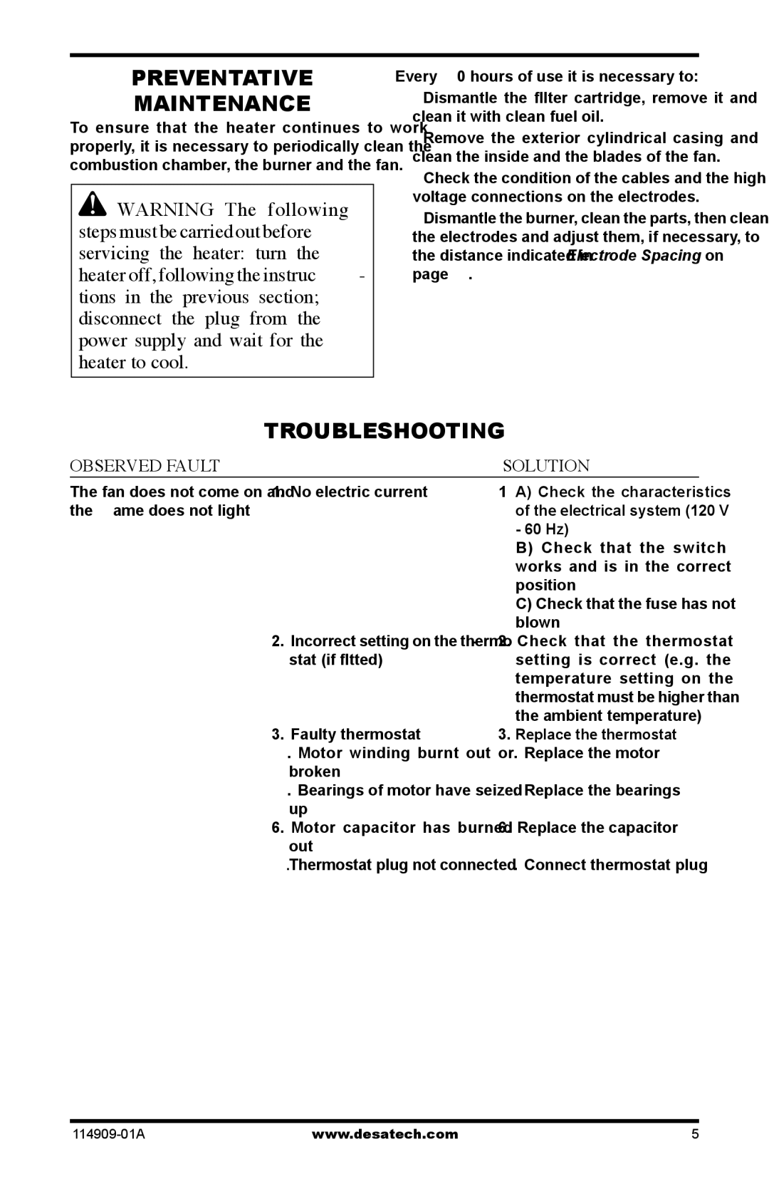 Desa 160-IF, 280-IF owner manual Preventative Maintenance, Troubleshooting, Observed Fault Possible Cause Solution 