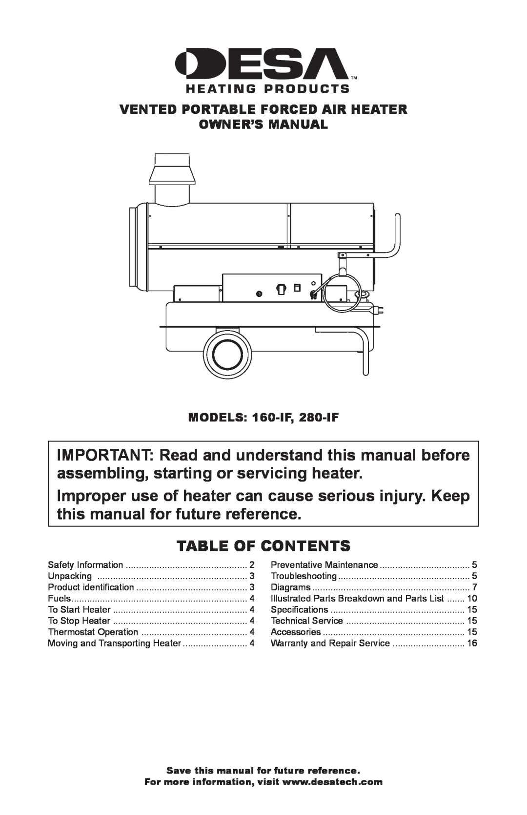 Desa 160-IF, 280-IF owner manual Table Of Contents 