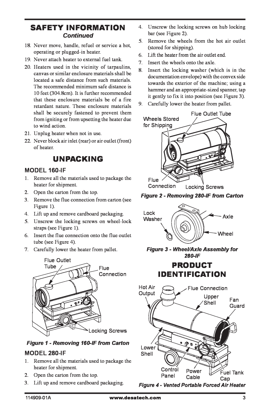 Desa 160-IF, 280-IF owner manual Safety Information, Unpacking, Product, Identification, Continued 