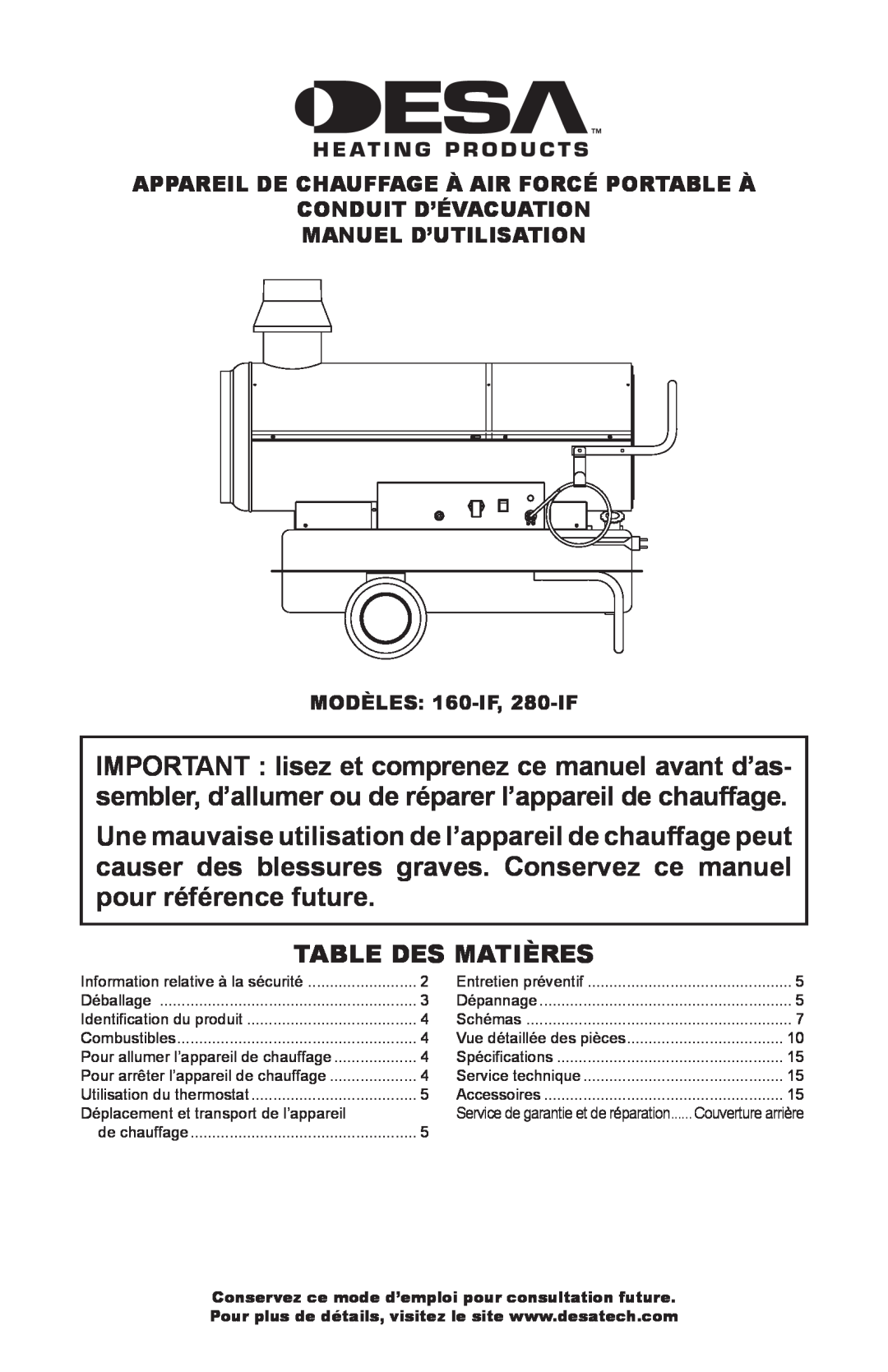 Desa 160-IF Table Des Matières, Appareil De Chauffage À Air Forcé Portable À, Conduit D’Évacuation Manuel D’Utilisation 