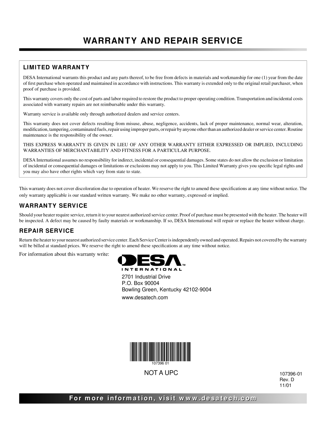 Desa 28BN installation manual Warranty and Repair Service, Limited Warranty 