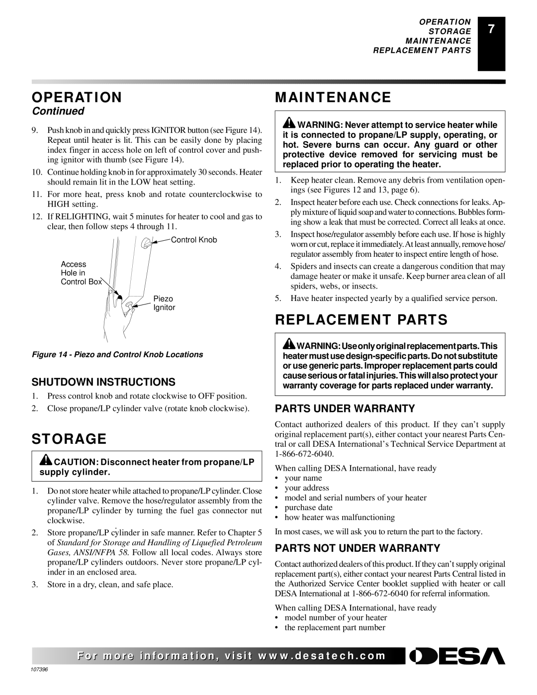 Desa 28BN installation manual Storage, Maintenance, Replacement Parts 