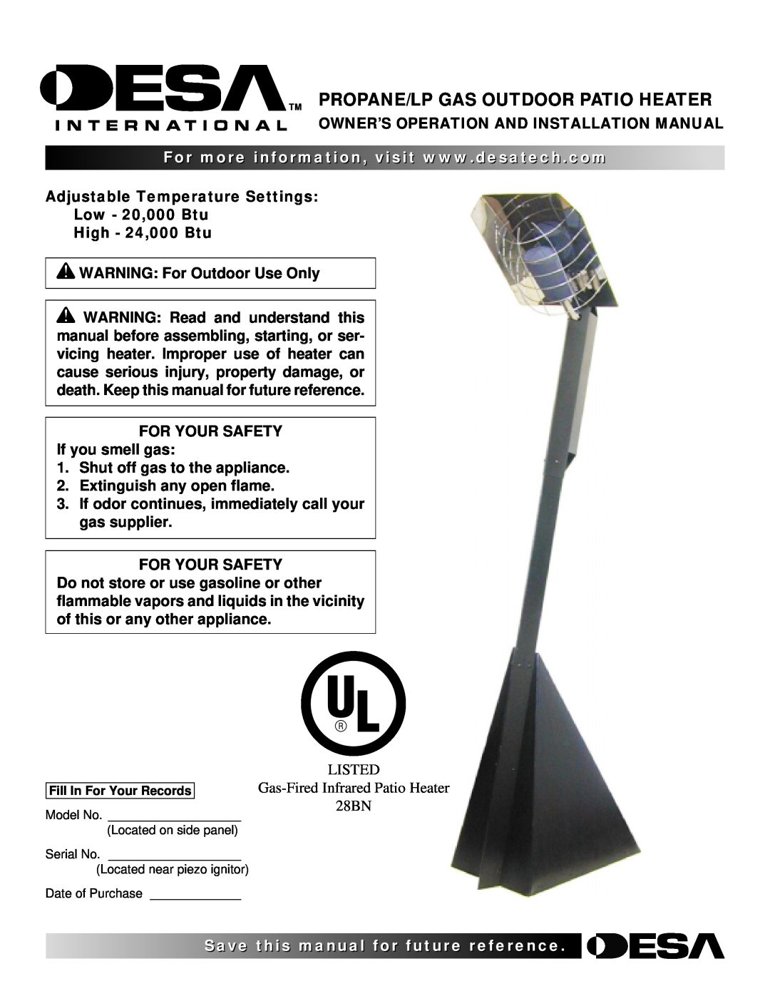 Desa 28BN installation manual Owner’S Operation And Installation Manual, visit, Propane/Lp Gas Outdoor Patio Heater 