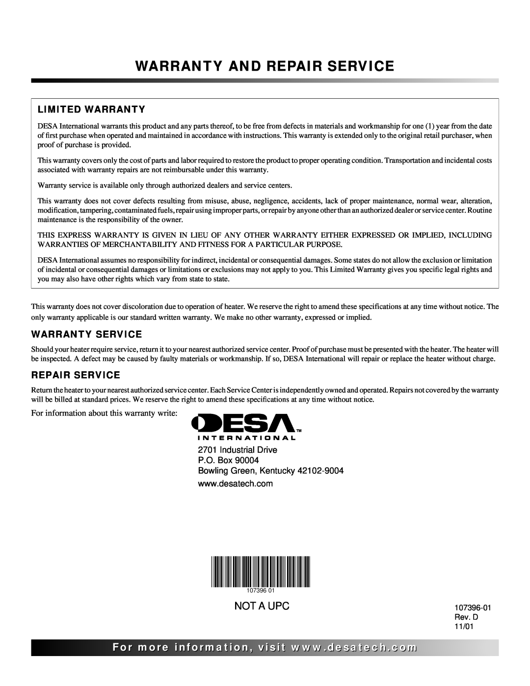 Desa 28BN installation manual Warranty And Repair Service, Not A Upc, For..com, Limited Warranty, Warranty Service 