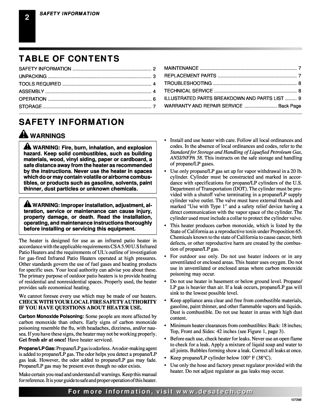 Desa 28BN installation manual Table Of Contents, Safety Information, For..com 