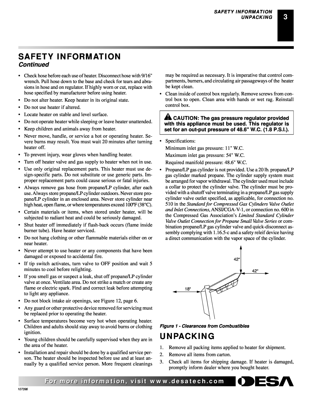 Desa 28BN installation manual Unpacking, Continued, Safety Information 