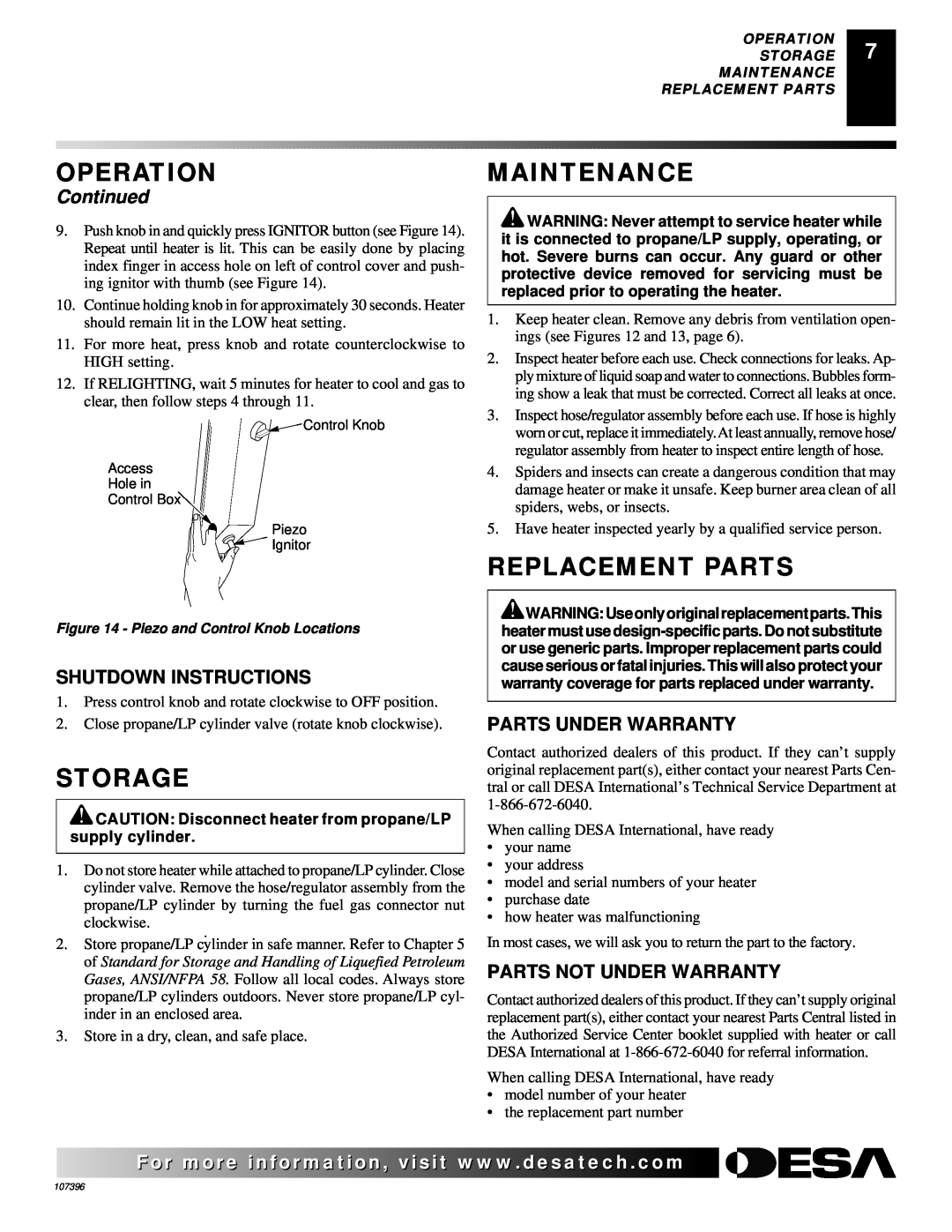 Desa 28BN installation manual Storage, Maintenance, Replacement Parts, Operation, Continued 