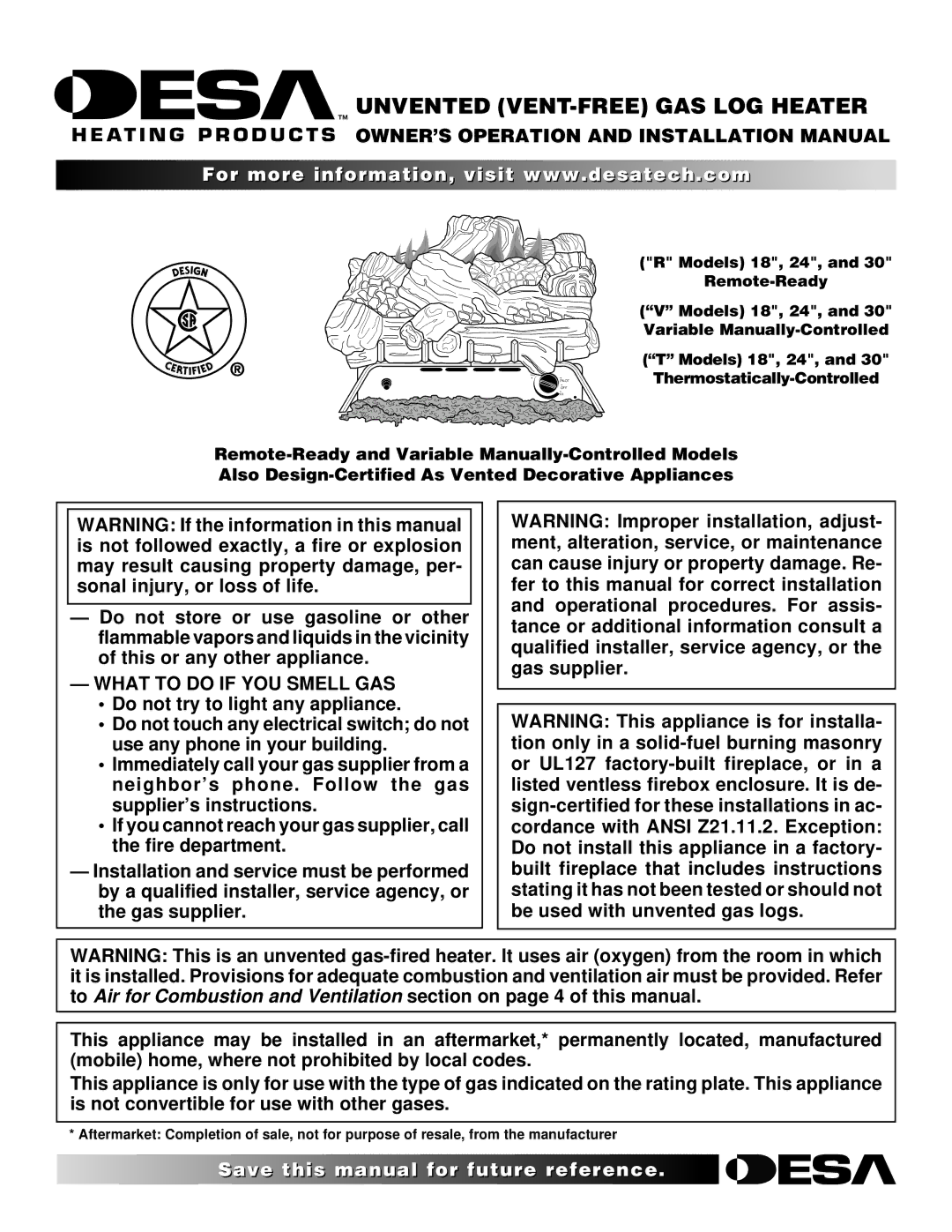 Desa R, V, T, 30 installation manual OWNER’S Operation and Installation Manual, What to do if YOU Smell GAS 