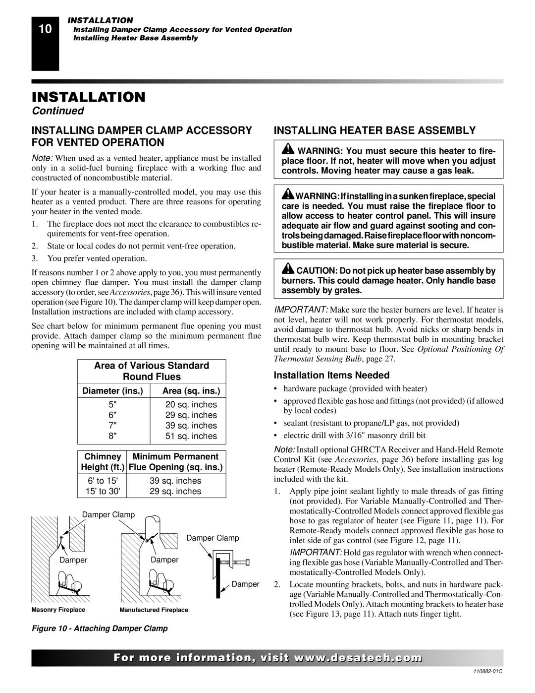 Desa 30 Installing Damper Clamp Accessory for Vented Operation, Installing Heater Base Assembly, Installation Items Needed 