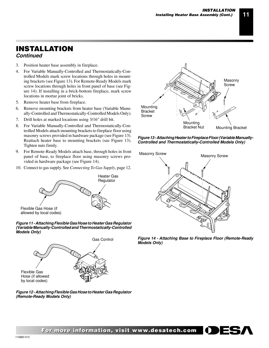 Desa R, V, T, 30 installation manual Attaching Base to Fireplace Floor Remote-Ready Models Only 