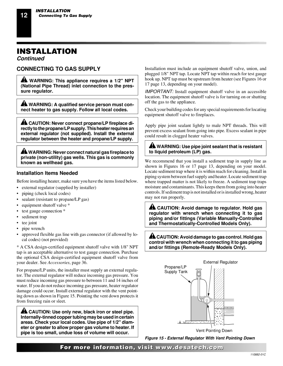 Desa 30, R, V, T installation manual Connecting to GAS Supply, External Regulator With Vent Pointing Down 