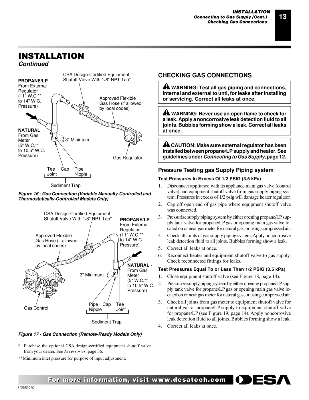 Desa R, V, T, 30 installation manual Checking GAS Connections, Pressure Testing gas Supply Piping system 