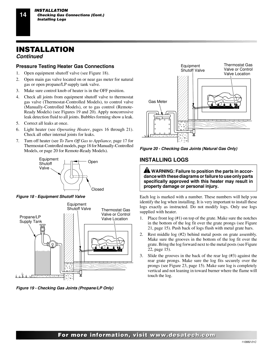 Desa 30, R, V, T installation manual Installing Logs, Pressure Testing Heater Gas Connections 