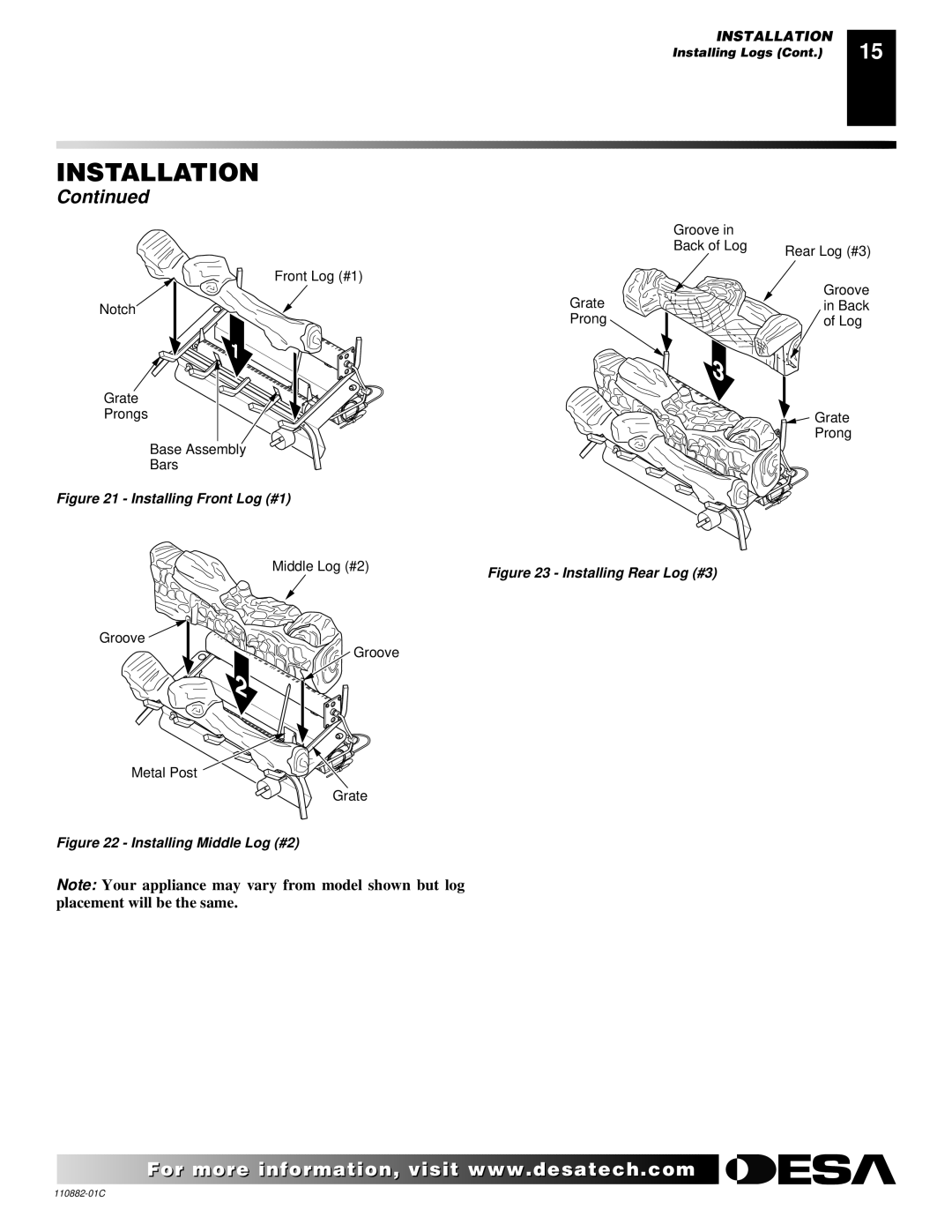 Desa R, V, T, 30 installation manual Installing Front Log #1 