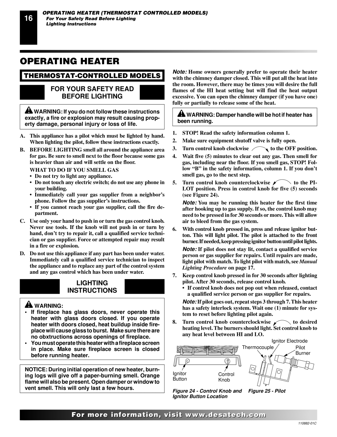 Desa 30, R, V, T installation manual Operating Heater, Lighting Instructions 