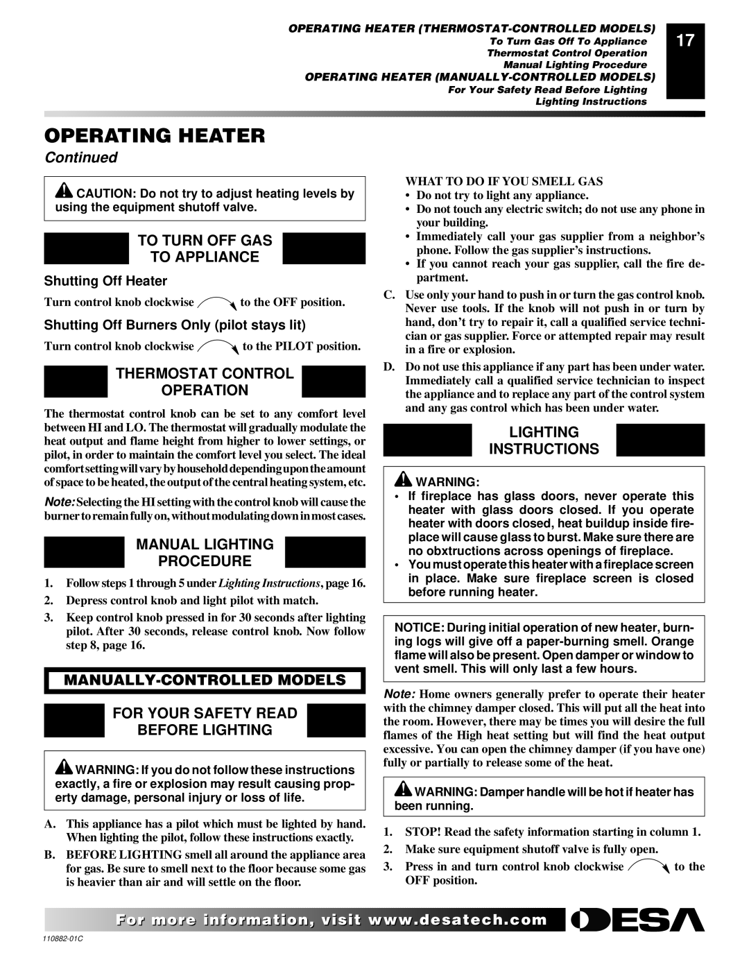 Desa R, V, T To Turn OFF GAS To Appliance, Thermostat Control Operation, Manual Lighting Procedure, Shutting Off Heater 