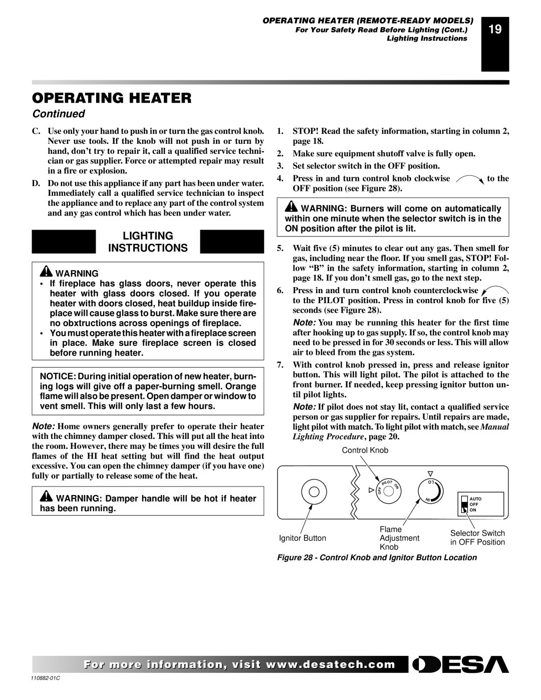 Desa R, V, T, 30 installation manual Control Knob and Ignitor Button Location 