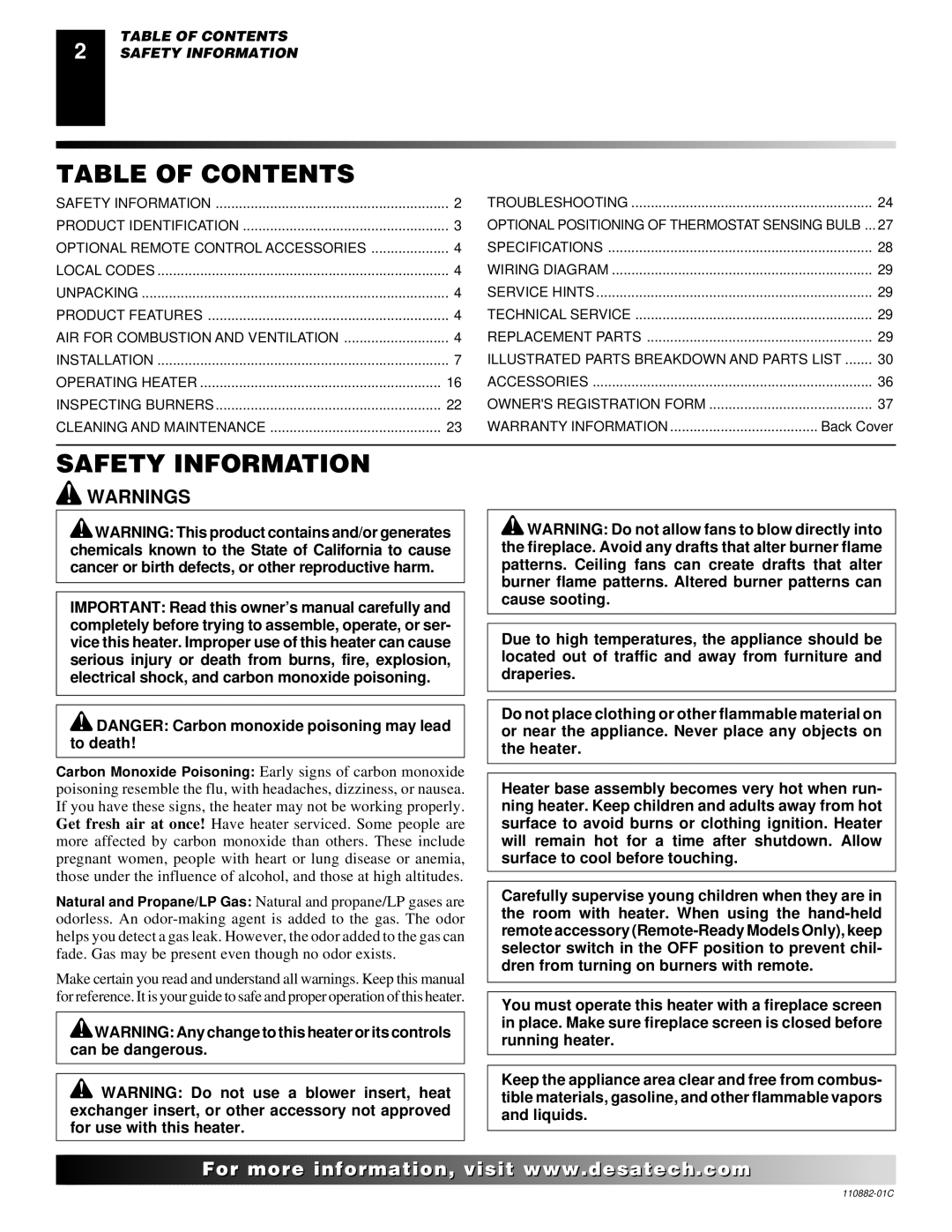 Desa 30, R, V, T installation manual Table of Contents, Safety Information 