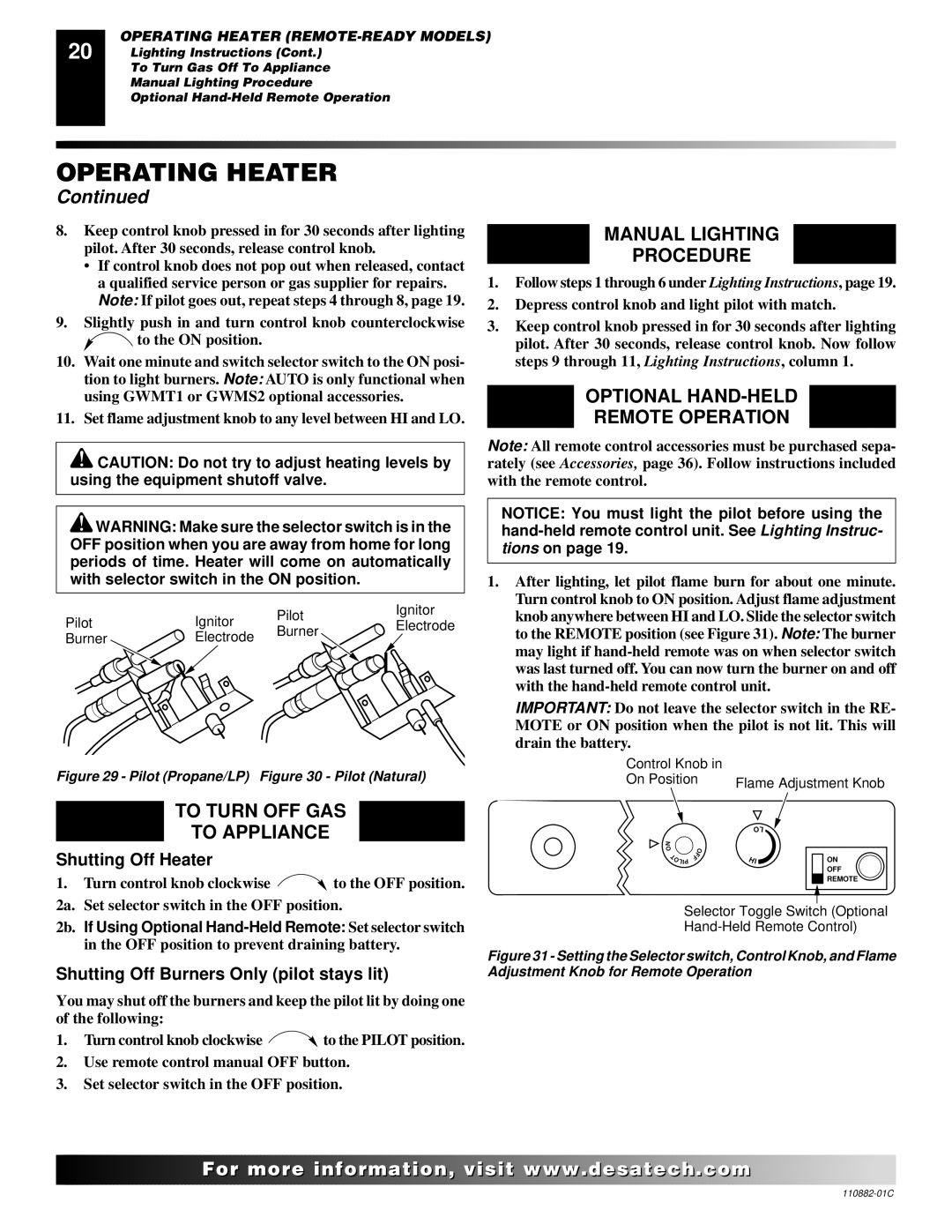 Desa 30, R, V, T installation manual Optional HAND-HELD Remote Operation, Pilot Propane/LP Pilot Natural 