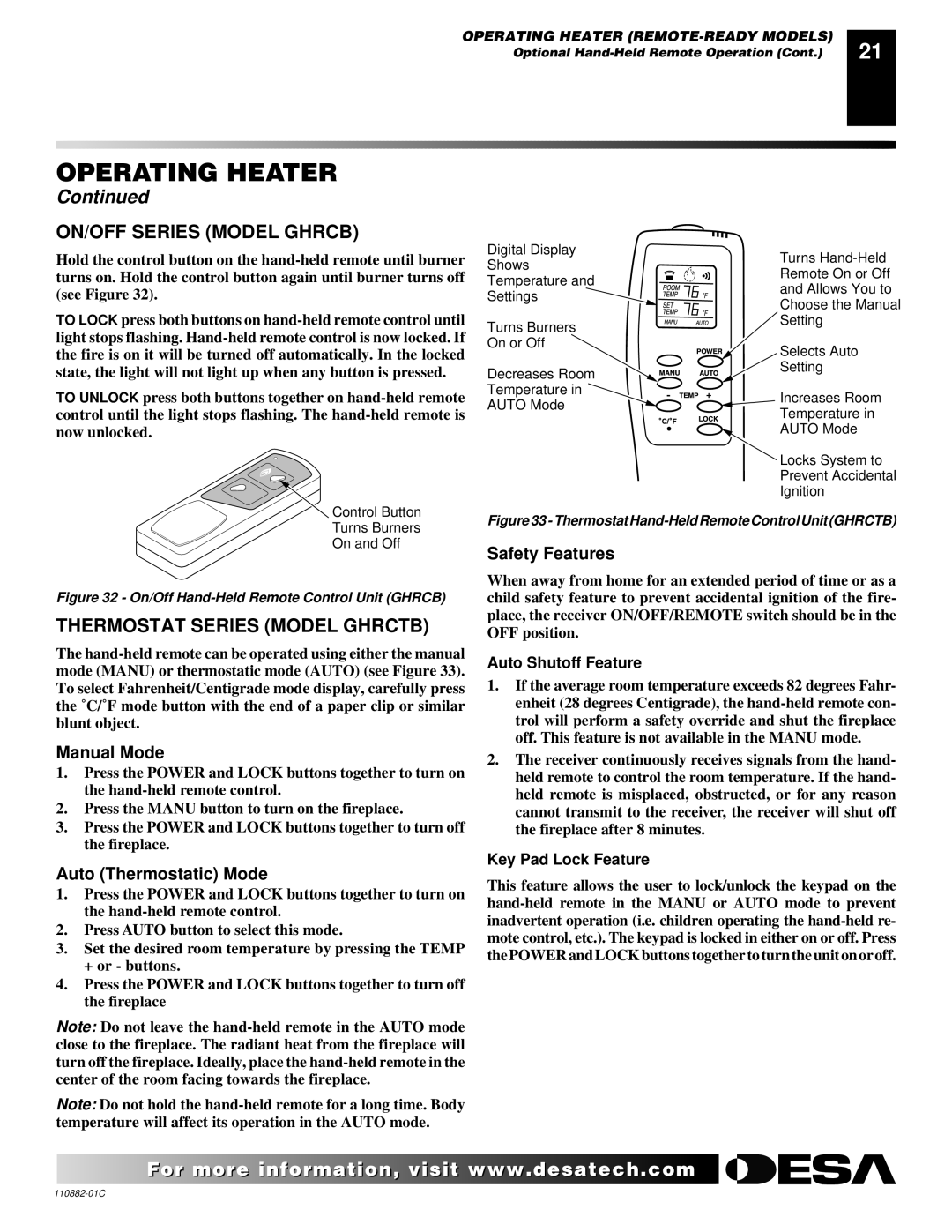 Desa R, V, T, 30 ON/OFF Series Model Ghrcb, Thermostat Series Model Ghrctb, Manual Mode, Auto Thermostatic Mode 