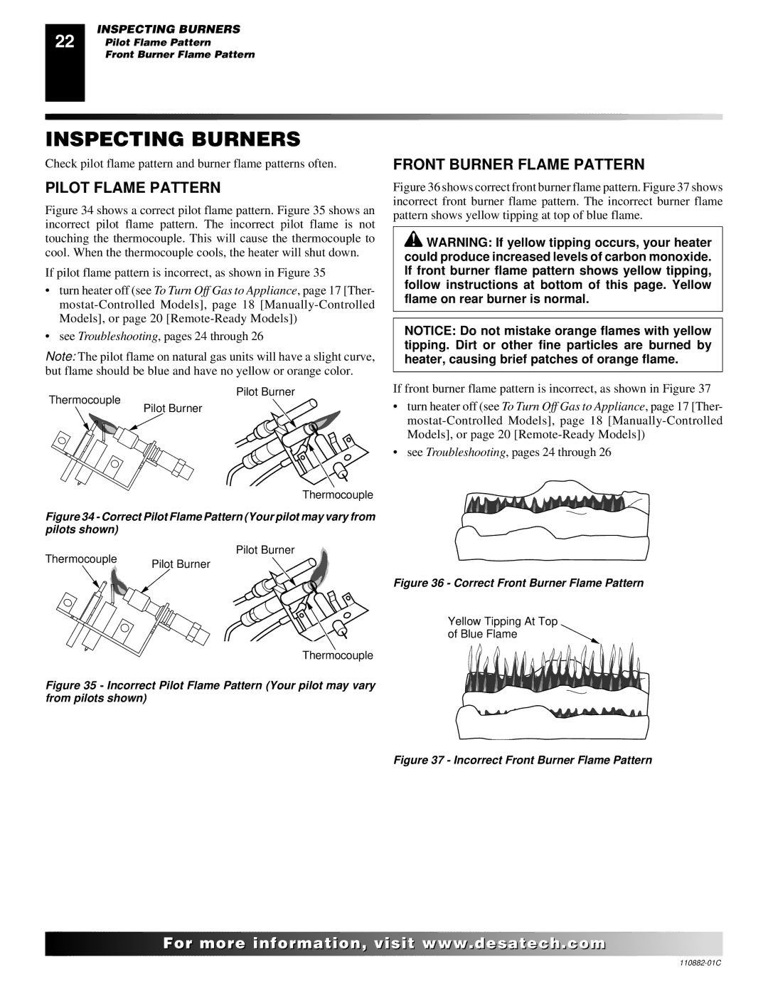 Desa 30, R, V, T installation manual Inspecting Burners, Pilot Flame Pattern, Front Burner Flame Pattern 