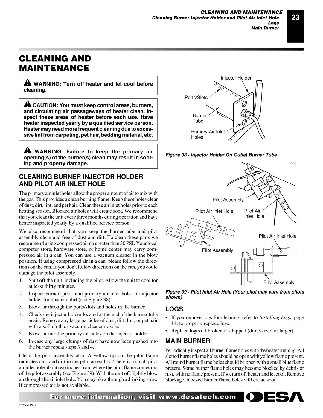 Desa R, V, T, 30 Cleaning Maintenance, Cleaning Burner Injector Holder and Pilot AIR Inlet Hole, Logs, Main Burner 