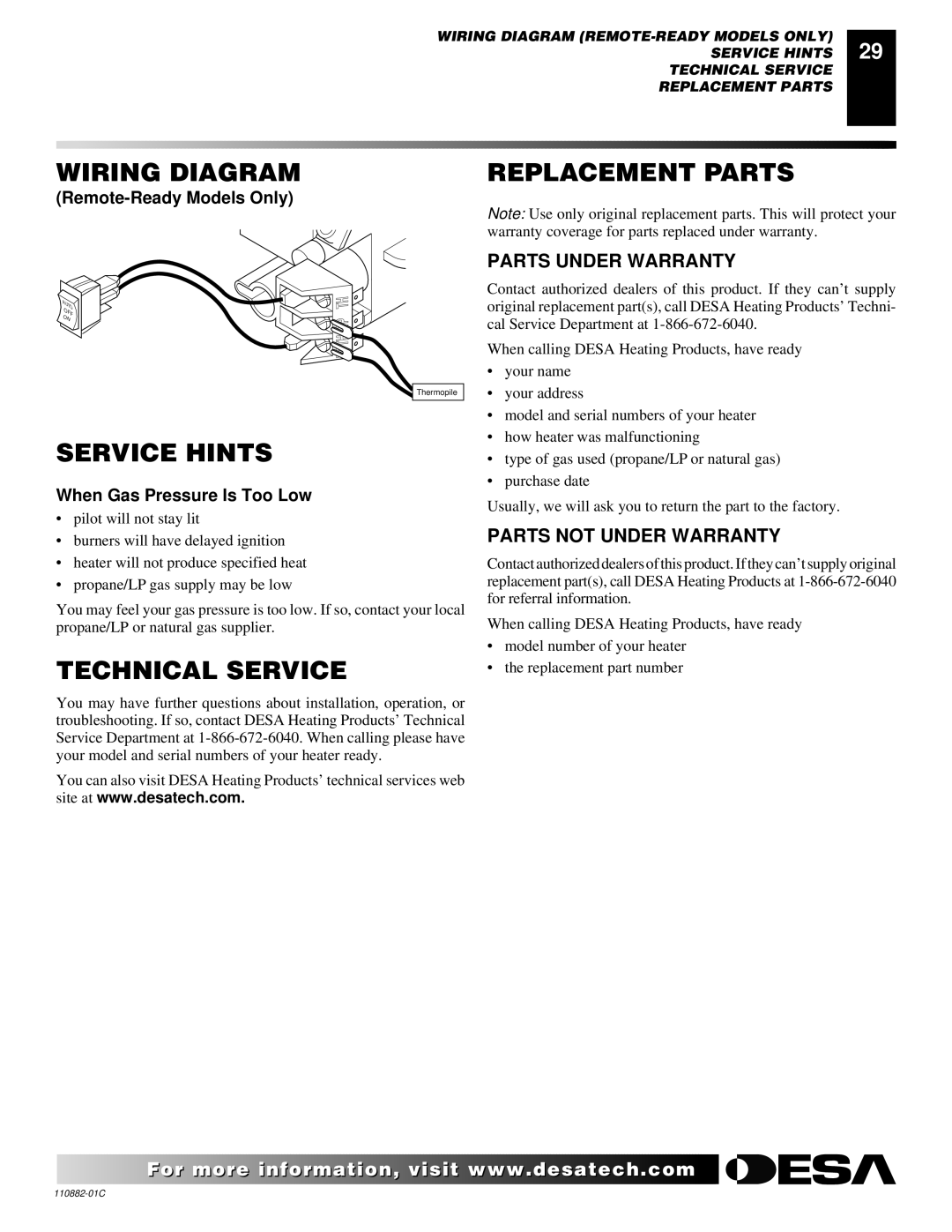 Desa R, V, T, 30 Wiring Diagram Replacement Parts, Service Hints, Technical Service, Parts Under Warranty 