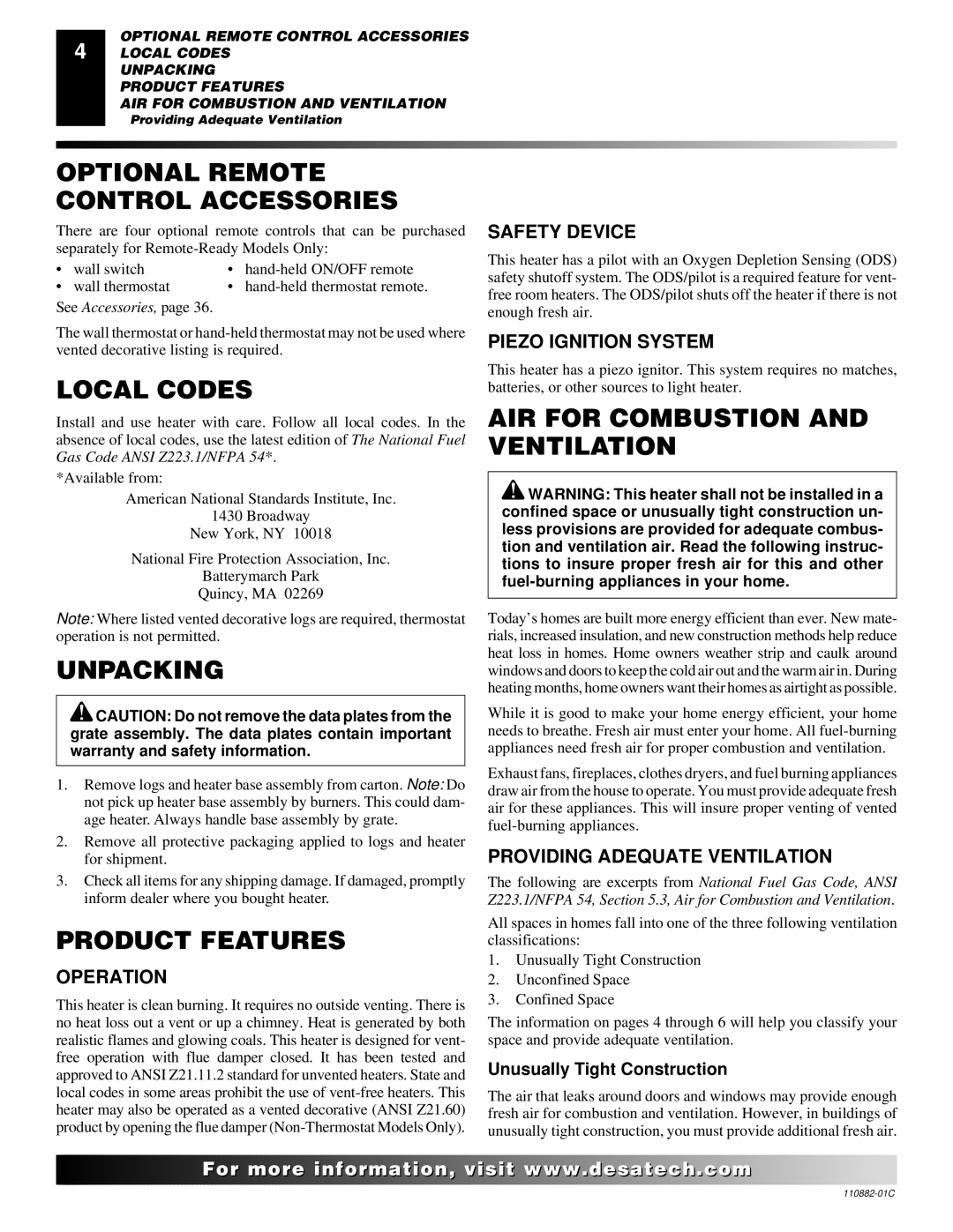 Desa 30 Optional Remote Control Accessories, Local Codes, Unpacking, Product Features, AIR for Combustion and Ventilation 