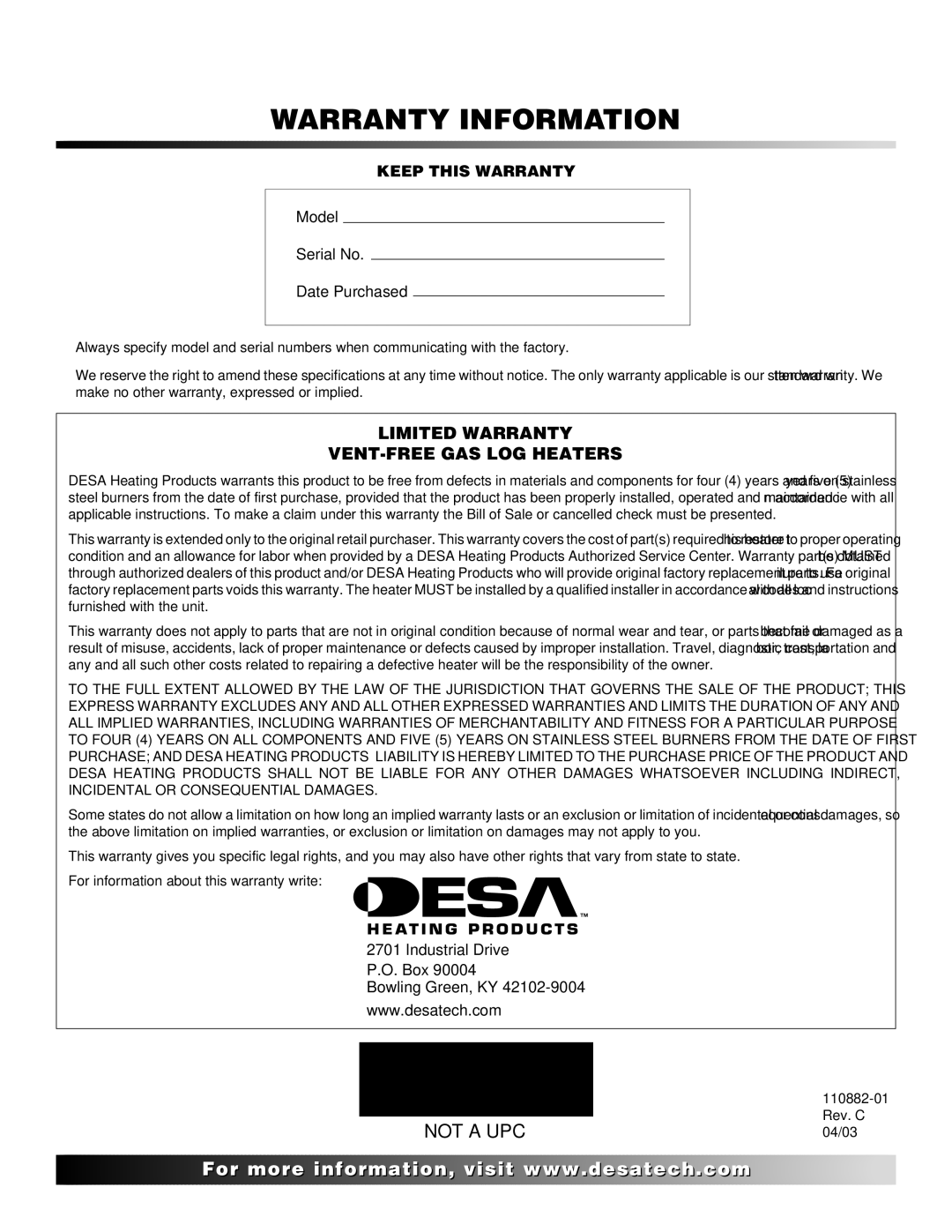 Desa 30, R, V, T installation manual Warranty Information 