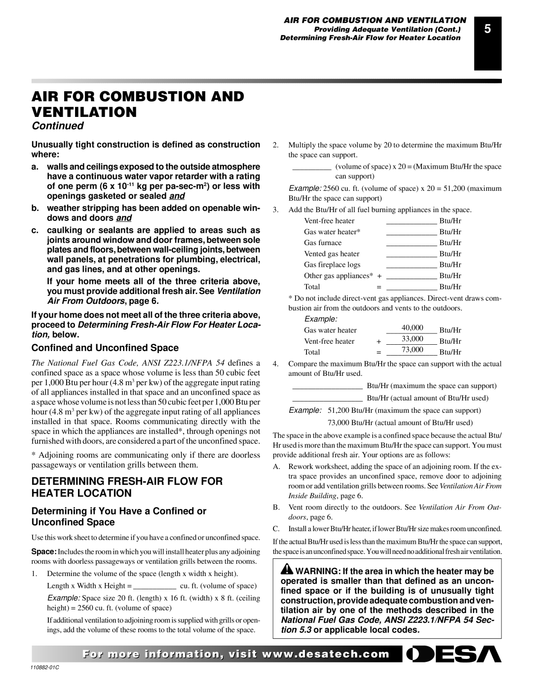 Desa R, V, T, 30 installation manual Determining FRESH-AIR Flow for Heater Location, Confined and Unconfined Space 