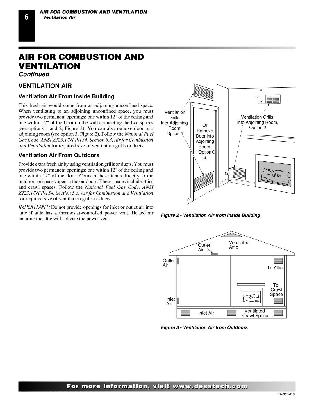 Desa 30, R, V, T installation manual Ventilation AIR, Ventilation Air From Inside Building, Ventilation Air From Outdoors 